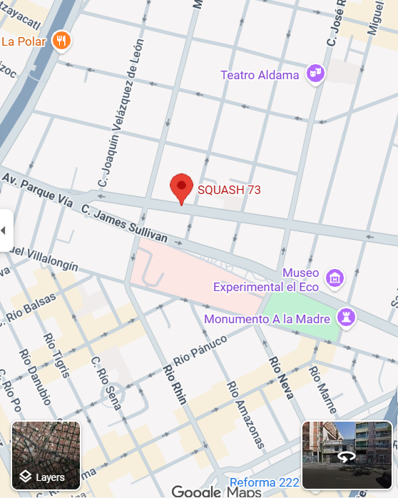 Mapa de Google Maps con la ubicación de Squash 73 en la colonia San Rafael
